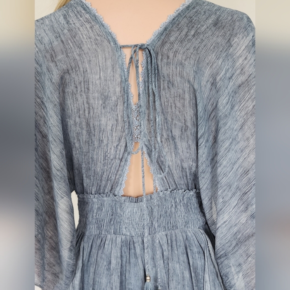 BLUE DRESS MOON RIVER RUFFLES V-NECK OPEN SLEEVES CINCHED WAIST MIDI FULL SKIRT - Picture 6 of 16